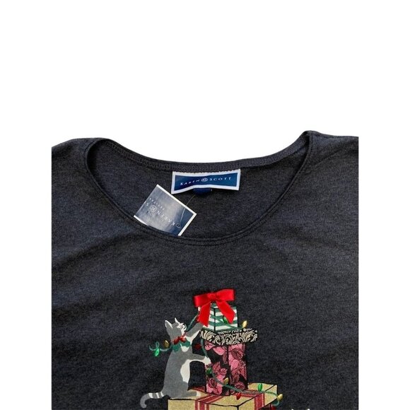 Karen Scott Glitter Top Women's PETITE SMALL Gray‎ CAT DOG Seasonal Graphic NEW - Picture 6 of 11
